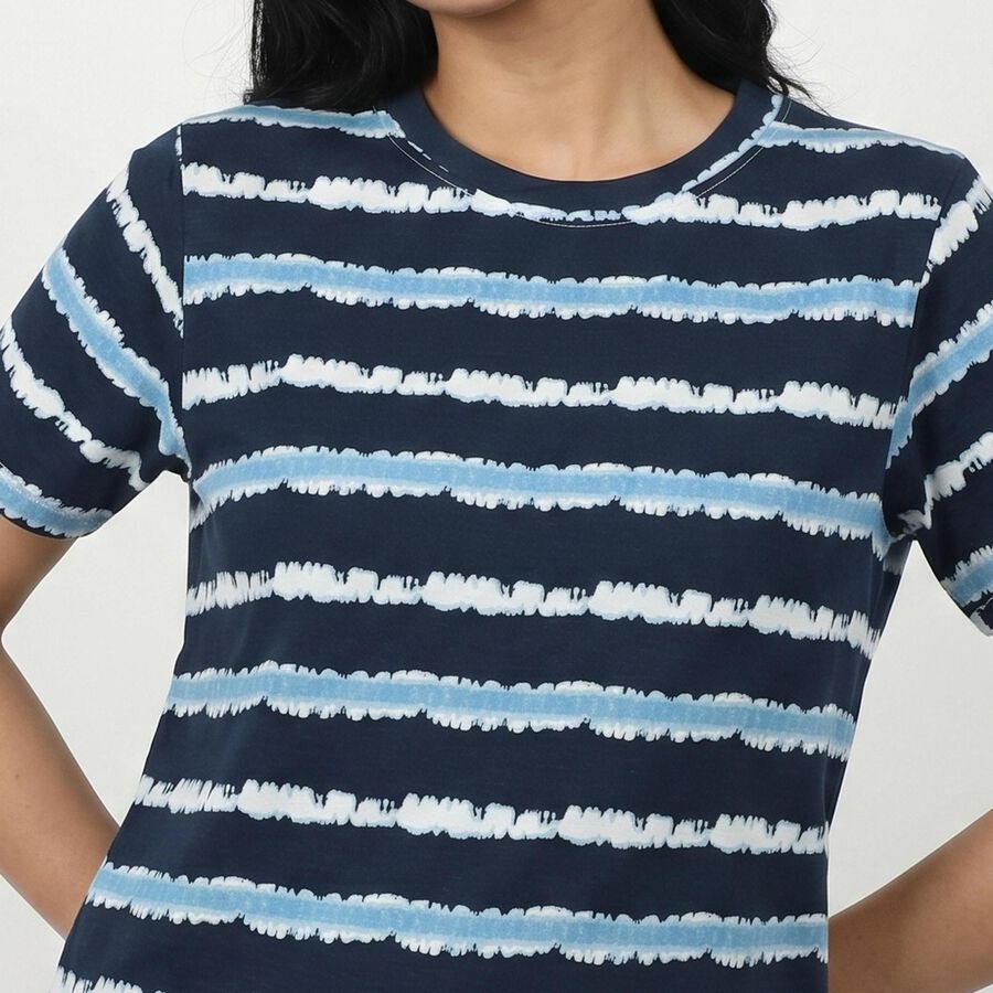 Women's Navy Blue Round Neck Striped Regular T-Shirt, नेवी ब्लू, large