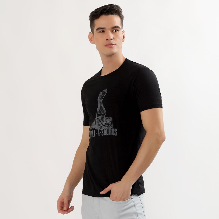 Men's Jet Black Round Neck Casual Graphic T-Shirt, Black, large image number null