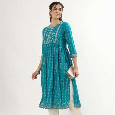Women's Light Blue Round Neck Straight Kurta