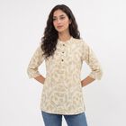 Women's Beige Cotton Mandarin Collar Printed Kurti, Beige, small