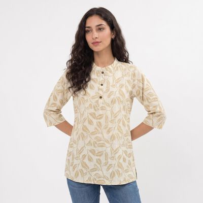 Women's Beige Cotton Mandarin Collar Printed Kurti