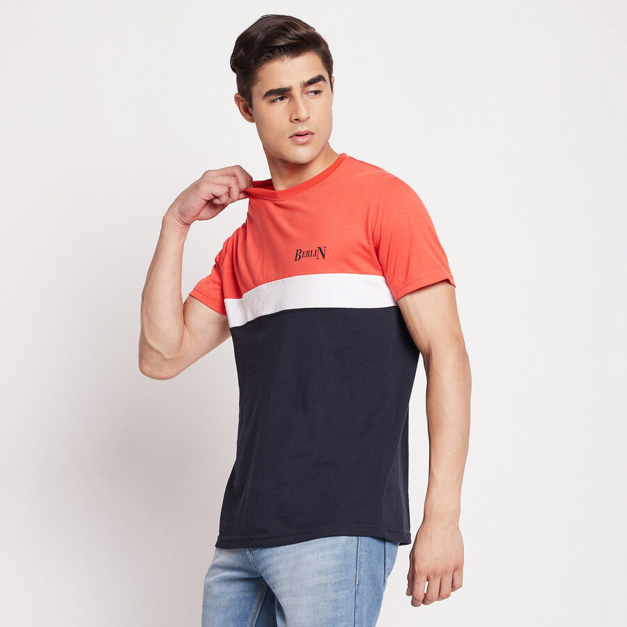 Cut & Sew Round Neck T-Shirt, Coral, large image number null