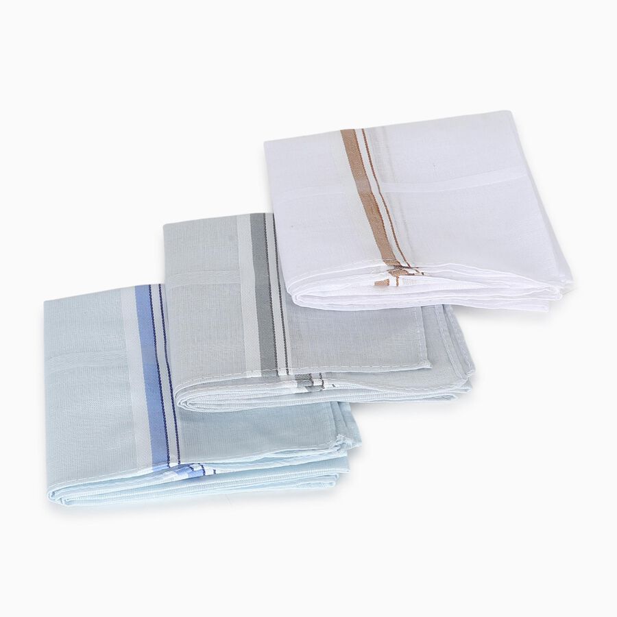 Men's White and Light Blue Striped Pack of 3 Handkerchief, Light Grey, large