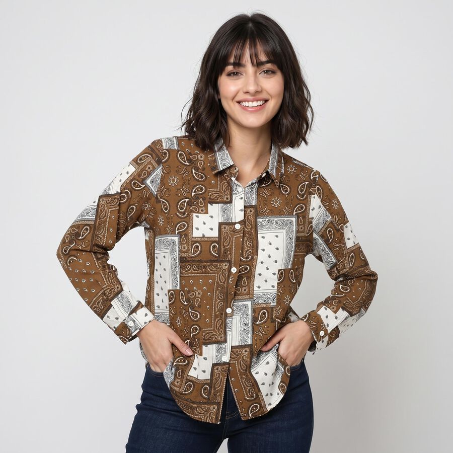 Women's Khaki Printed Collared Shirt, खाकी, large