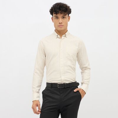 Men's Beige and White Button Down Classic Formal Shirt