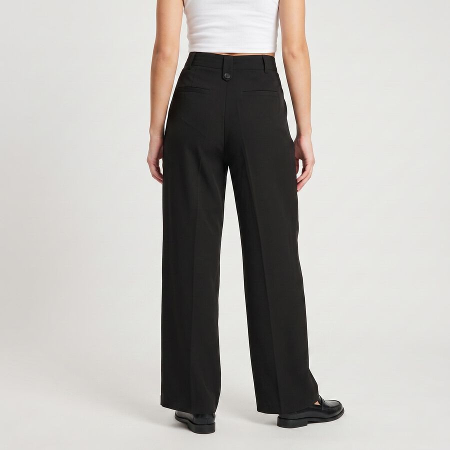 Women's Black Wide Leg Pleated Trousers, काला, large