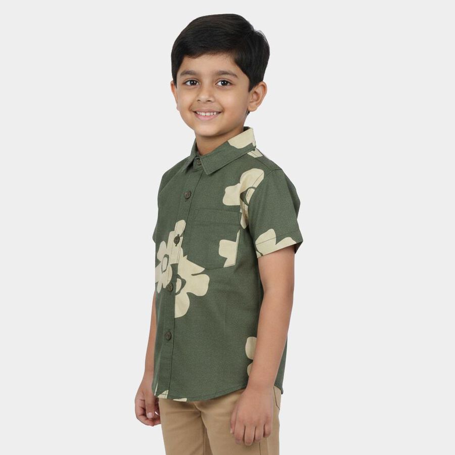 Boys Olive Green Cotton Floral Regular Fit Casual Shirt, Olive, large