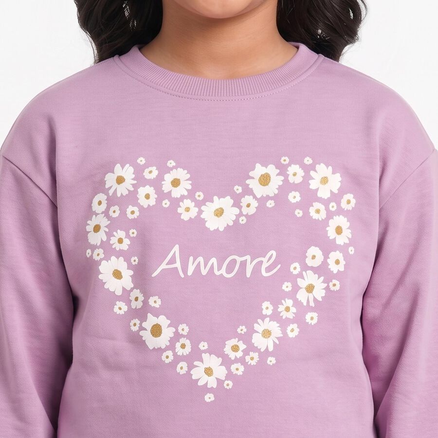 Girls' Lilac Crew Neck Pullover Sweatshirt, लाइलेक, large