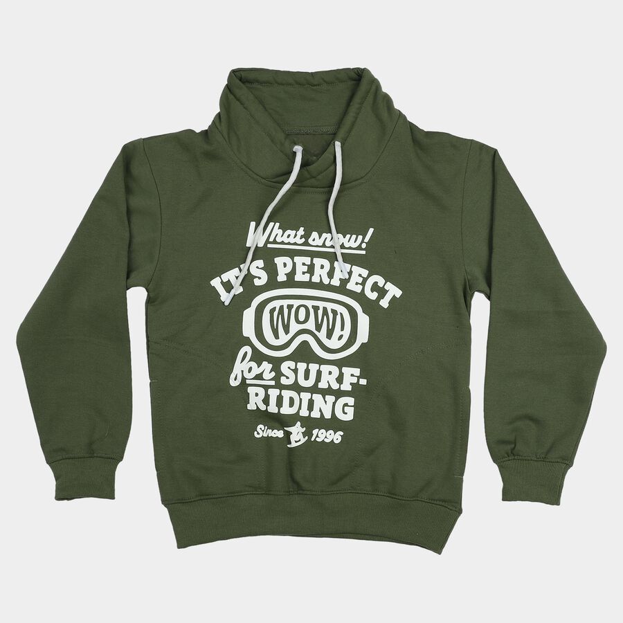 Boys' Olive Green Hooded Neck Graphic Print Sweatshirt, ओलिव, large