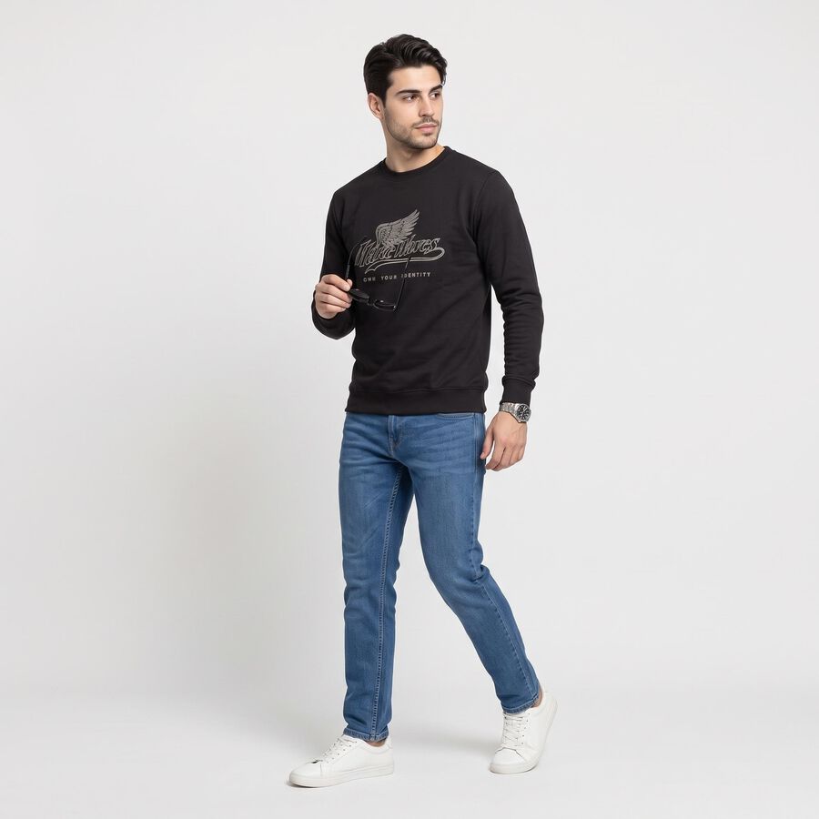Men's Black Crew Neck Graphic Print Sweatshirt, Black, large