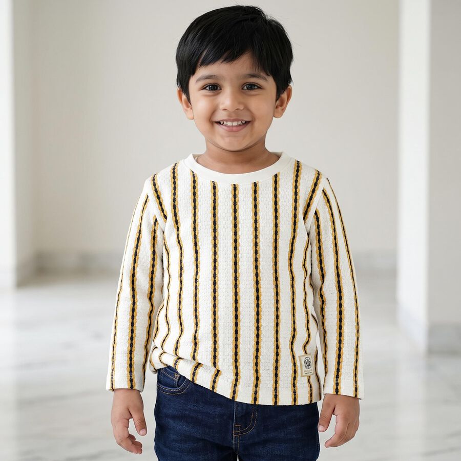Boys White Crew Neck Regular Striped T-Shirt, White, large
