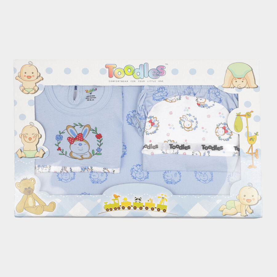 Infants Printed Cotton Baby Gift Set, Light Blue, large image number null