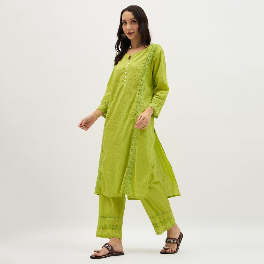 Women's Bright Lime Green Cotton Self Design Ethnic Set, Light Green, large image number null