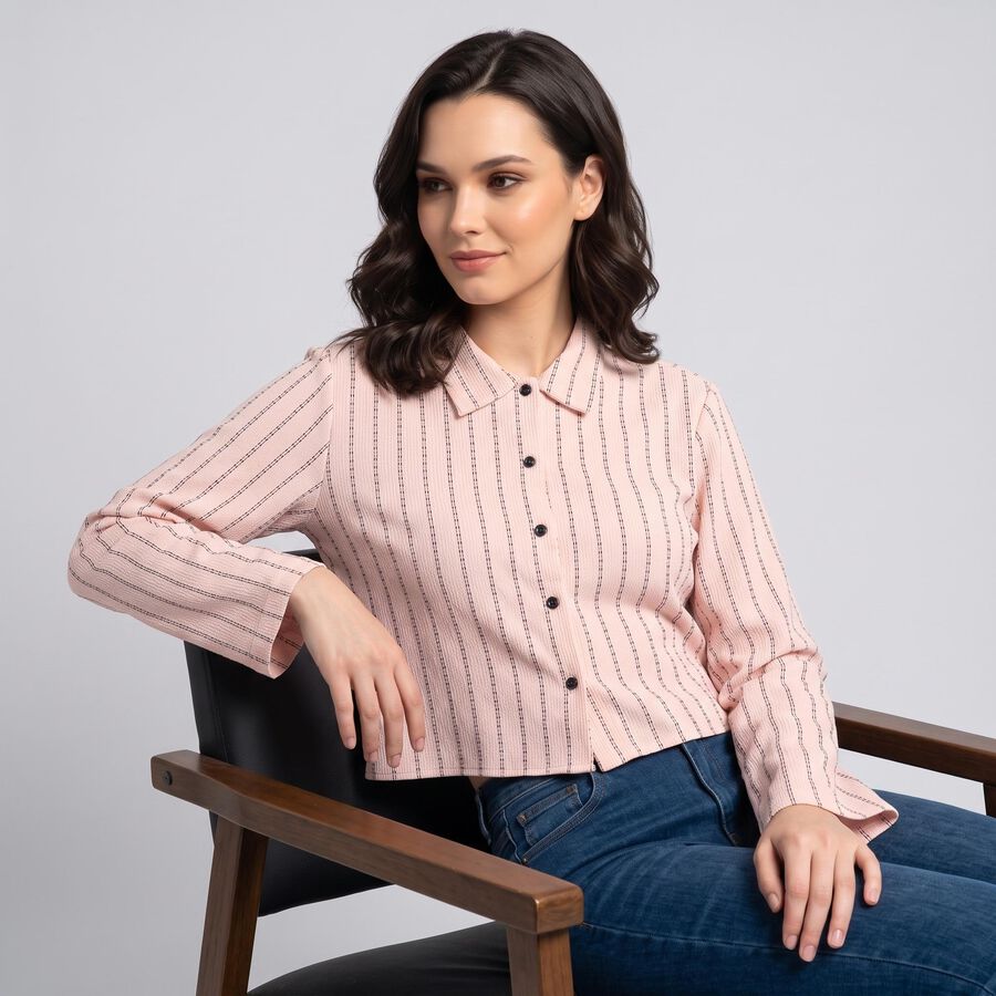 Women's Pink Striped Collar Shirt, गुलाबी, large