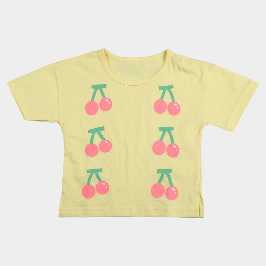 Girls Yellow Cotton Round Neck Casual T-Shirt, Yellow, large