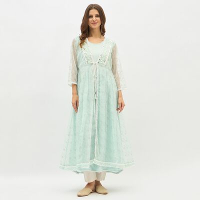 Women's Light Mint Green Round Neck Embroidered Layered Kurta