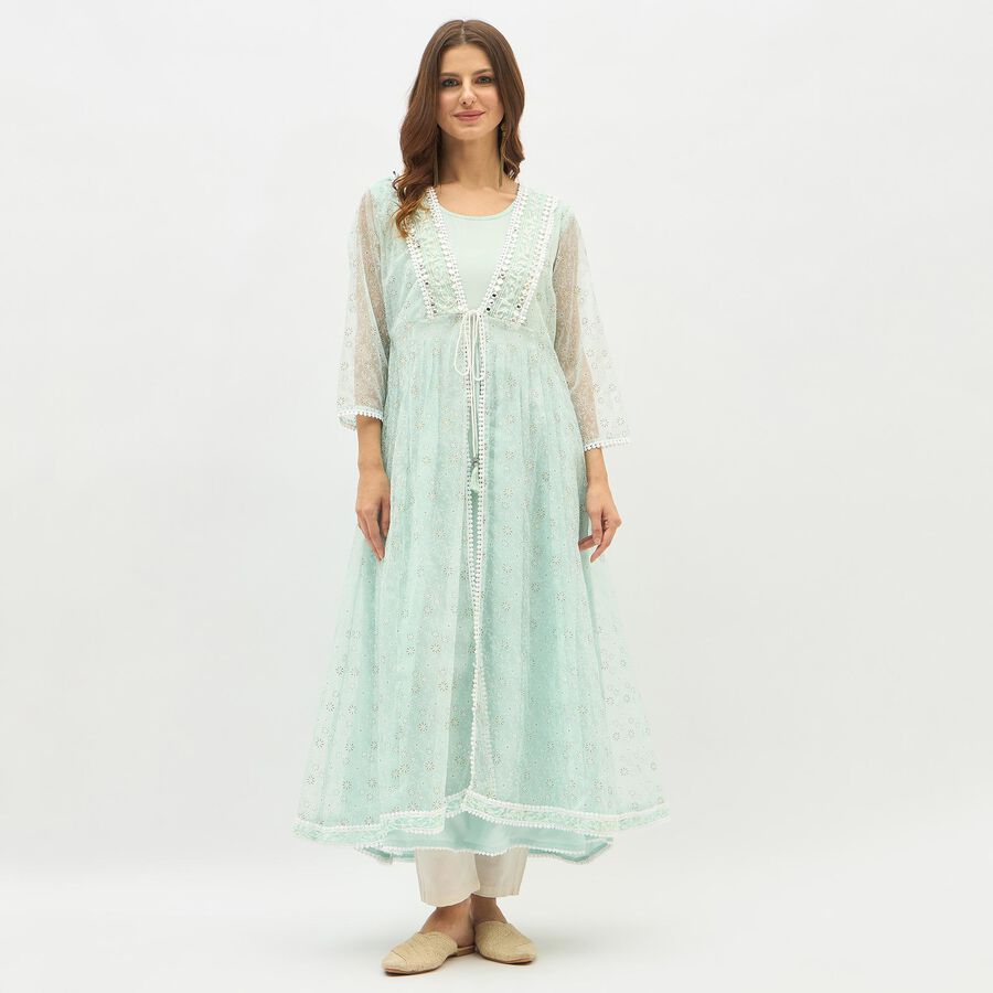 Women's Light Mint Green Round Neck Embroidered Layered Kurta, Aqua, large image number null