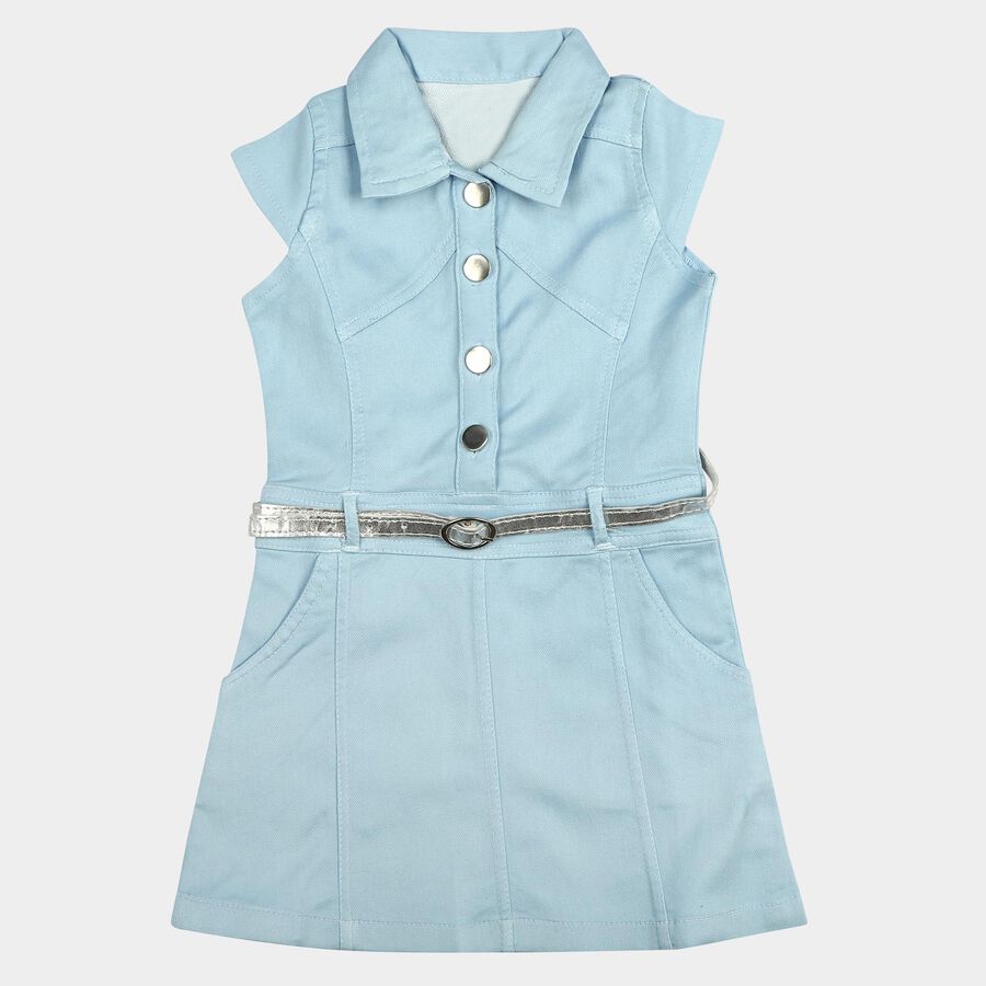 Girls' Light Blue Cotton Blend Casual Frock, हल्का नीला, large