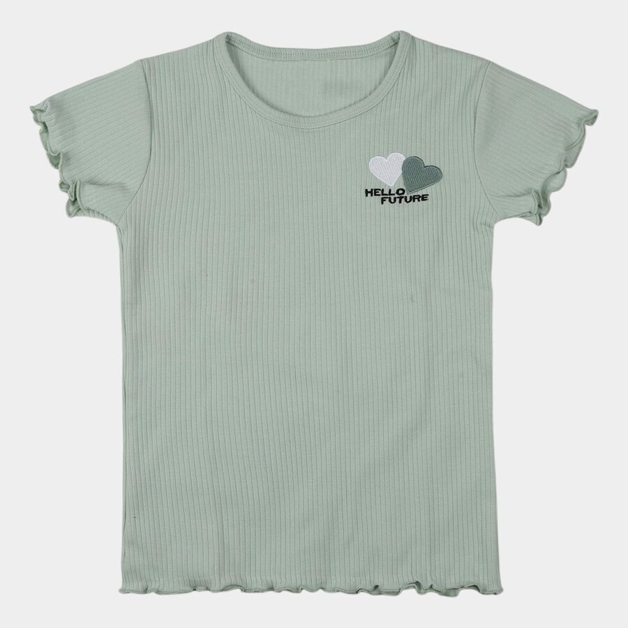 Girls' Green Round Neck Casual T-Shirt, Light Green, large