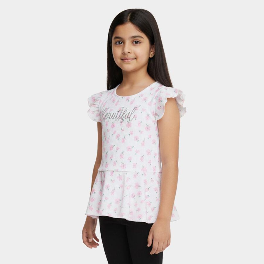 Girls' White Round Neck Casual Floral Printed T-Shirt, White, large
