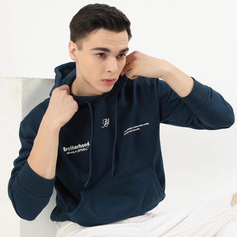 Men's Deep Navy Blue Hooded Neck Streetwear Sweatshirt, टील ब्लू, large image number null