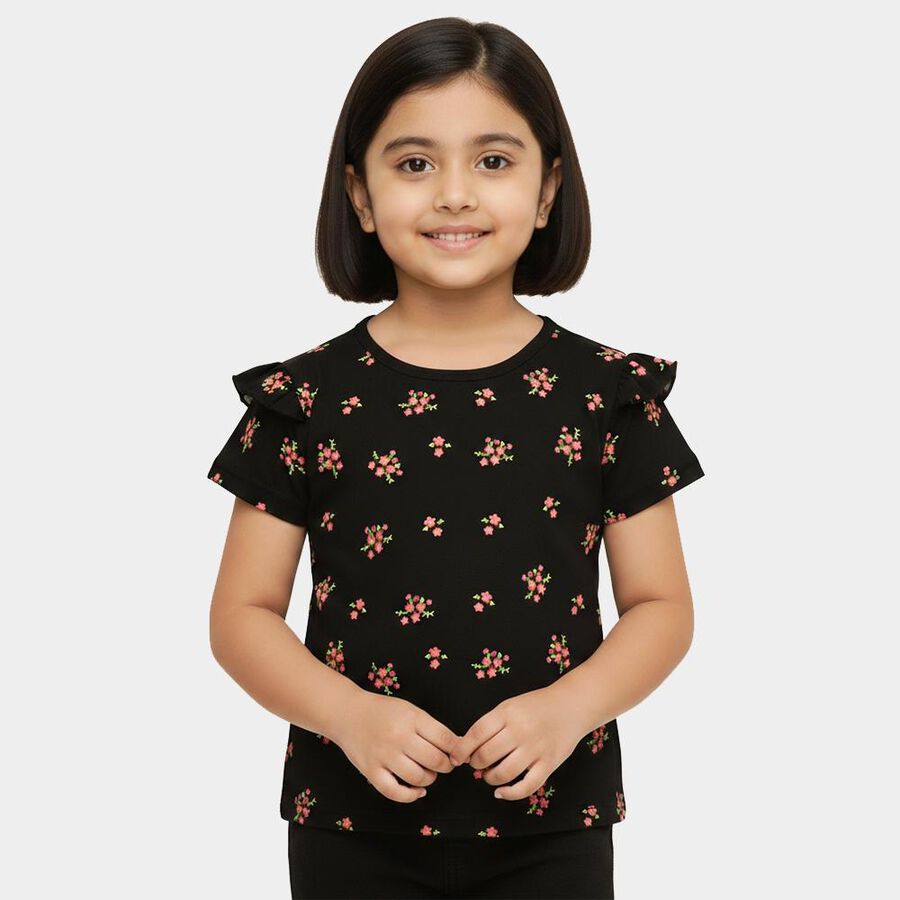Girls' Jet Black Cotton Round Neck Casual T-Shirt, काला, large
