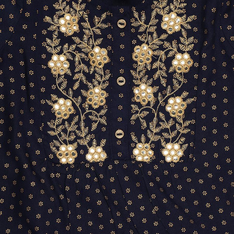Girls Navy Blue Round Neck Embroidered Kurta and Palazzo Fusion Set, नेवी ब्लू, large