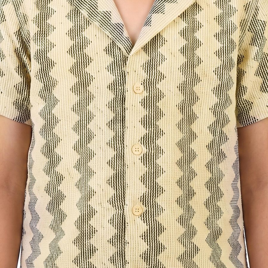 Boys Beige Geometric Camp Collar Casual Shirt, Beige, large