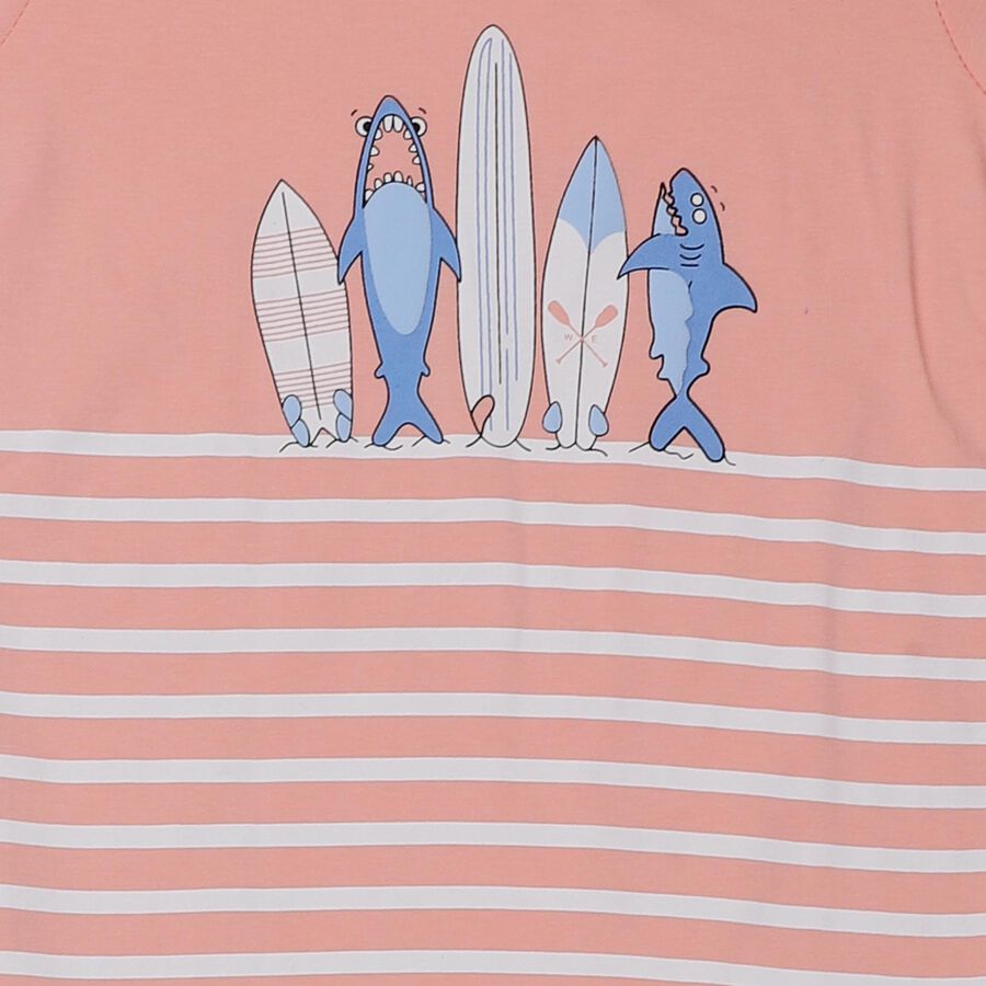 Boys' Coral Cotton Round Neck Cartoon Printed Baba Suit, Coral, large