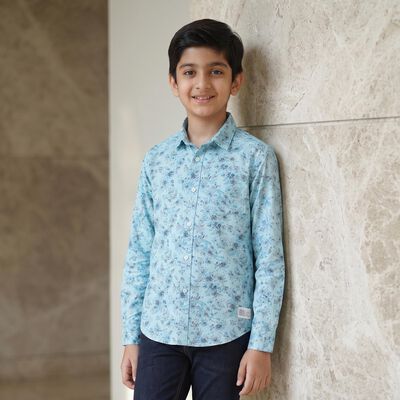 Boys Light Blue Cotton Floral Spread Collar Shirt
