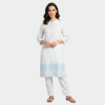 Women's Light Blue Mandarin Collar Printed Straight Kurta