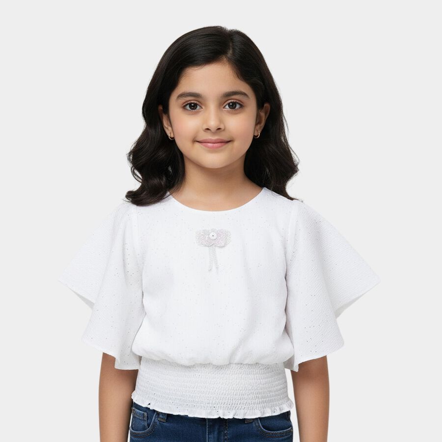 Girls' White Round Neck Streetwear T-Shirt, White, large