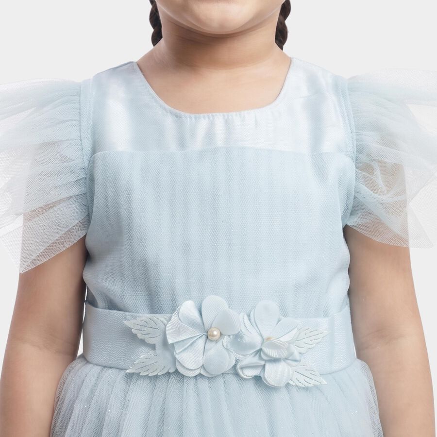 Girls' Light Blue Fit and Flare Floral Embroidered Party Wear Frock, Light Blue, large