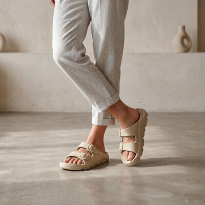 Men's Beige Buckle Strap Slip-On Sliders