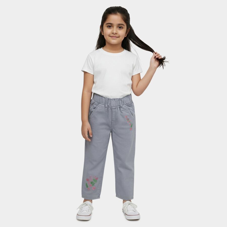 Girls' Muted Steel Grey Relaxed Fit Floral Embroidered Jeans, Light Grey, large