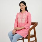 Women's Pink Cotton Mandarin Collar Embroidered Kurti, हल्का गुलाबी, small
