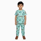 Boys Light Mint Green Cotton Round Neck Animal Print Night Suit, हल्का हरा, small image number null