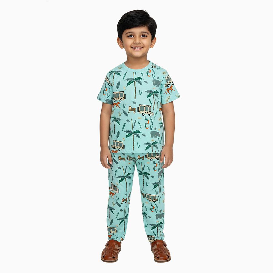 Boys Light Mint Green Cotton Round Neck Animal Print Night Suit, हल्का हरा, large image number null