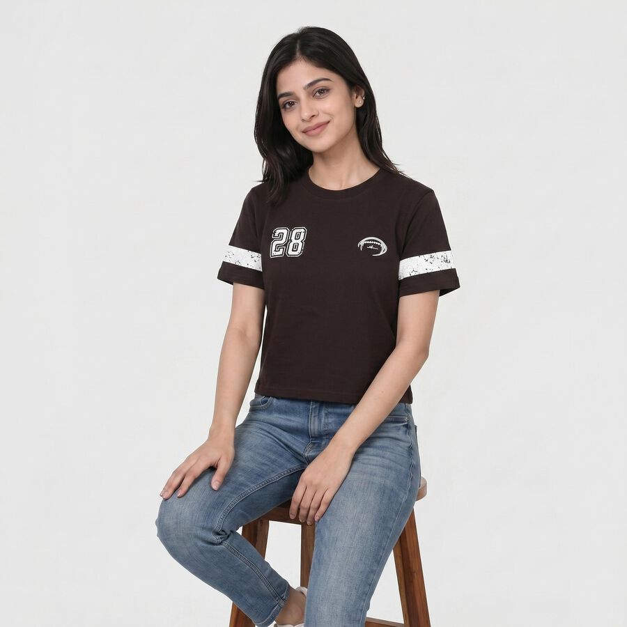 Women's Brown Round Neck Regular T-Shirt, Brown, large