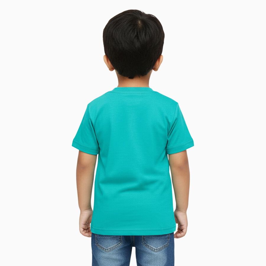Boys Bright Turquoise Cotton Round Neck Casual T-Shirt, Dark Green, large