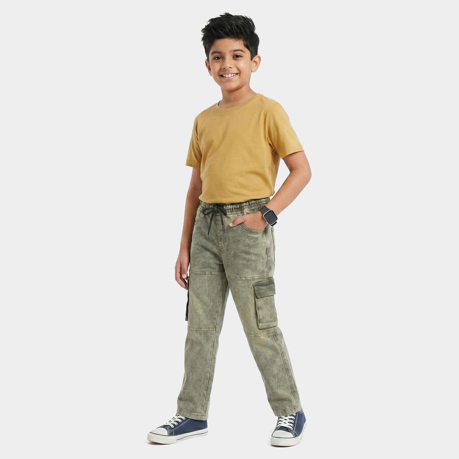 Boys Olive Green Cargo Fit Washed Jeans, ओलिव, large