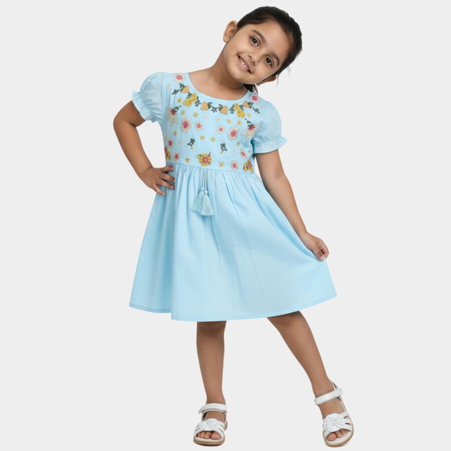 Girls' Blue Regular Fit Embroidered Frock, Aqua, large
