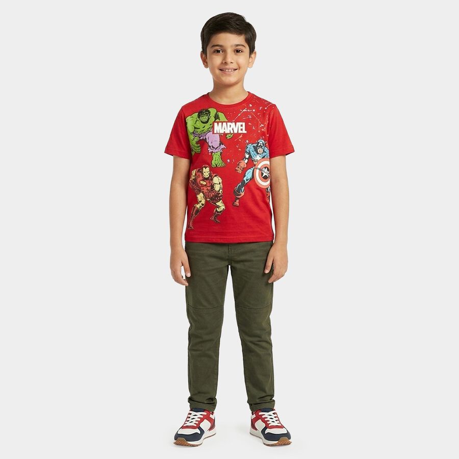 Boys Red Cotton Crew Neck Casual Half Sleeve T-Shirt, Red, large