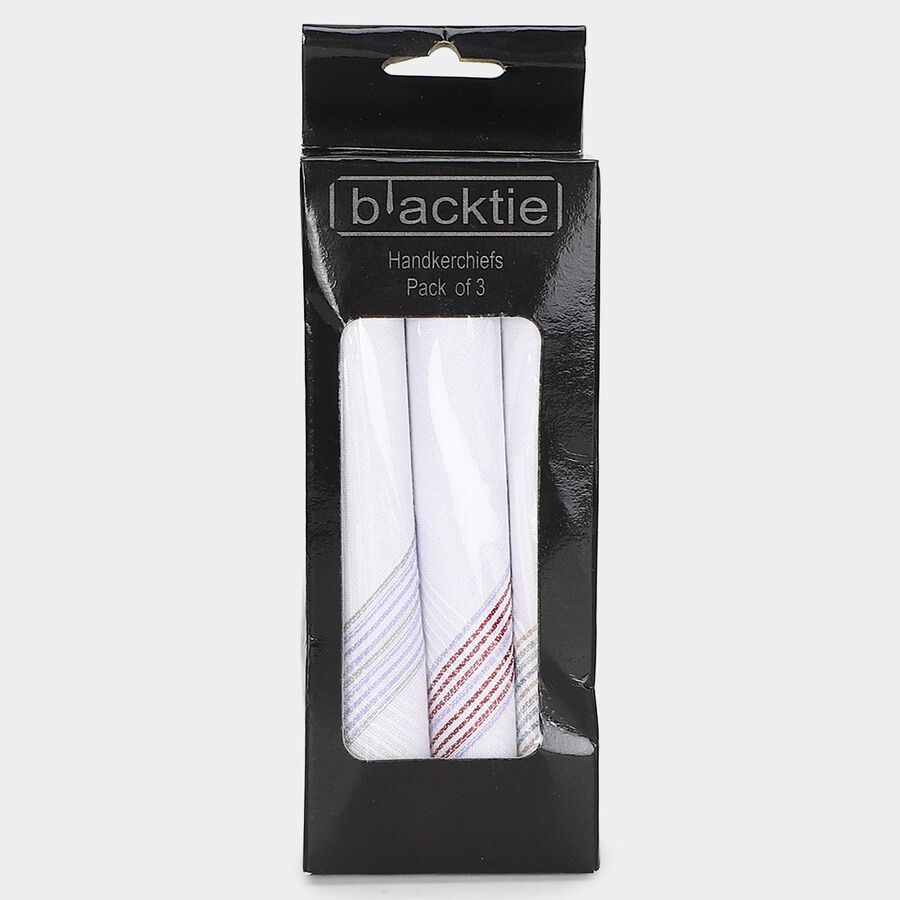 Men's White Striped Pack of 3 Handkerchief, White, large
