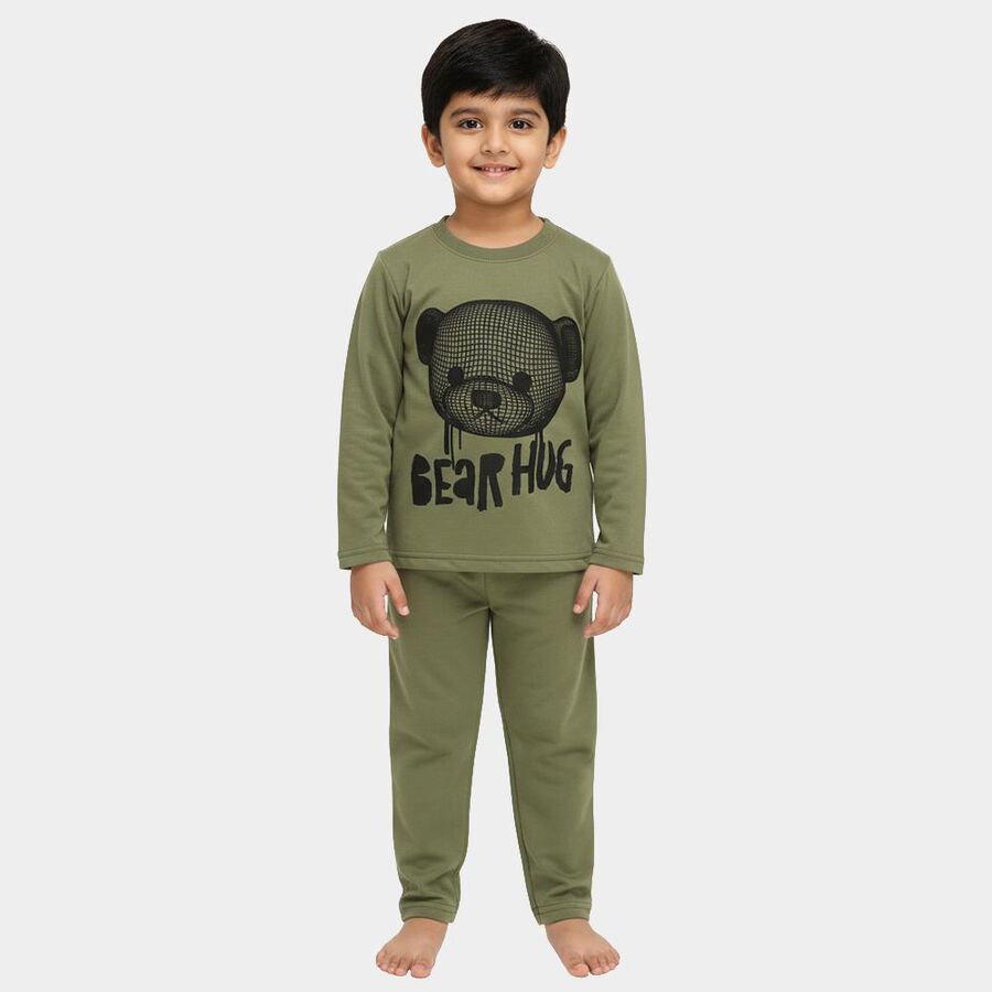 Boys' Olive Round Neck Bear Print Baba Suit, ओलिव, large image number null