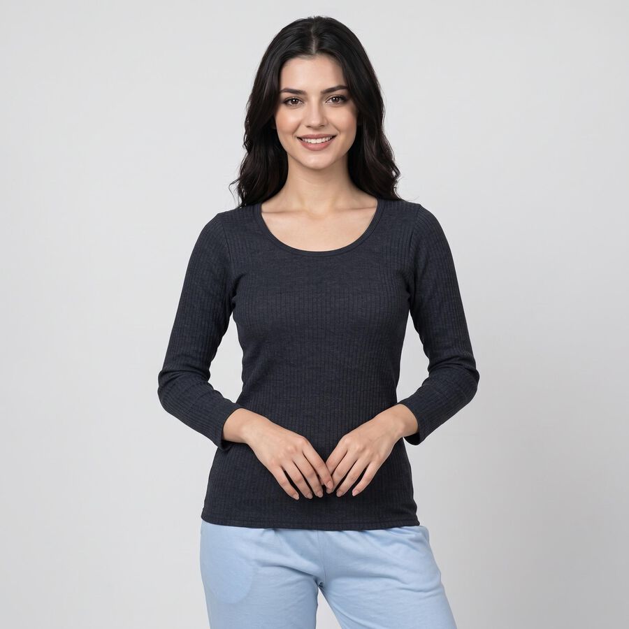 Women's Navy Blue Ribbed Thermal Top, मध्यम नीला, large