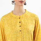 Women's Bright Mustard Yellow Round Neck Floral Printed Kurti, Yellow, small