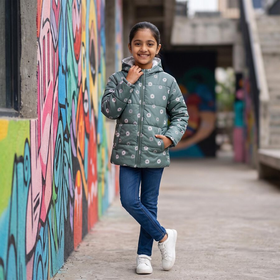 Girls' Olive Green Hooded Puffer Jacket, Olive, large
