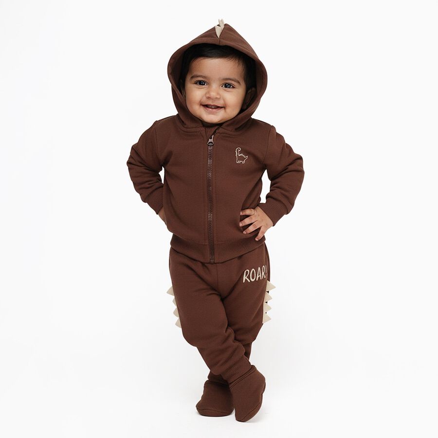 Infants' Brown Cotton Blend Hooded Dinosaur Baba Suit, Brown, large image number null