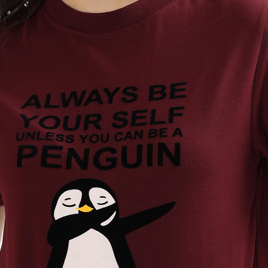 Women's Deep Maroon Round Neck Graphic Print T-Shirt, Wine, large image number null